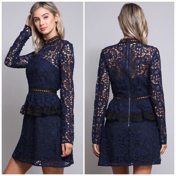 ❗️CLOSING SALE❗️ Navy Lace Ruffle Bottom Dress - Picture 2 of 4